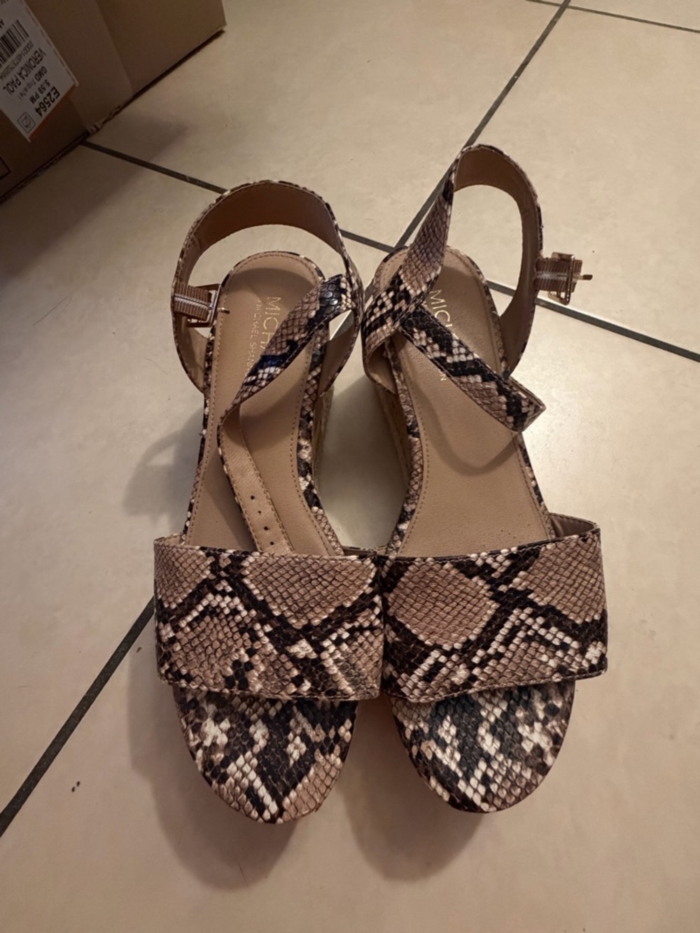 Snake-Print Tan Ankle Strap Sandals